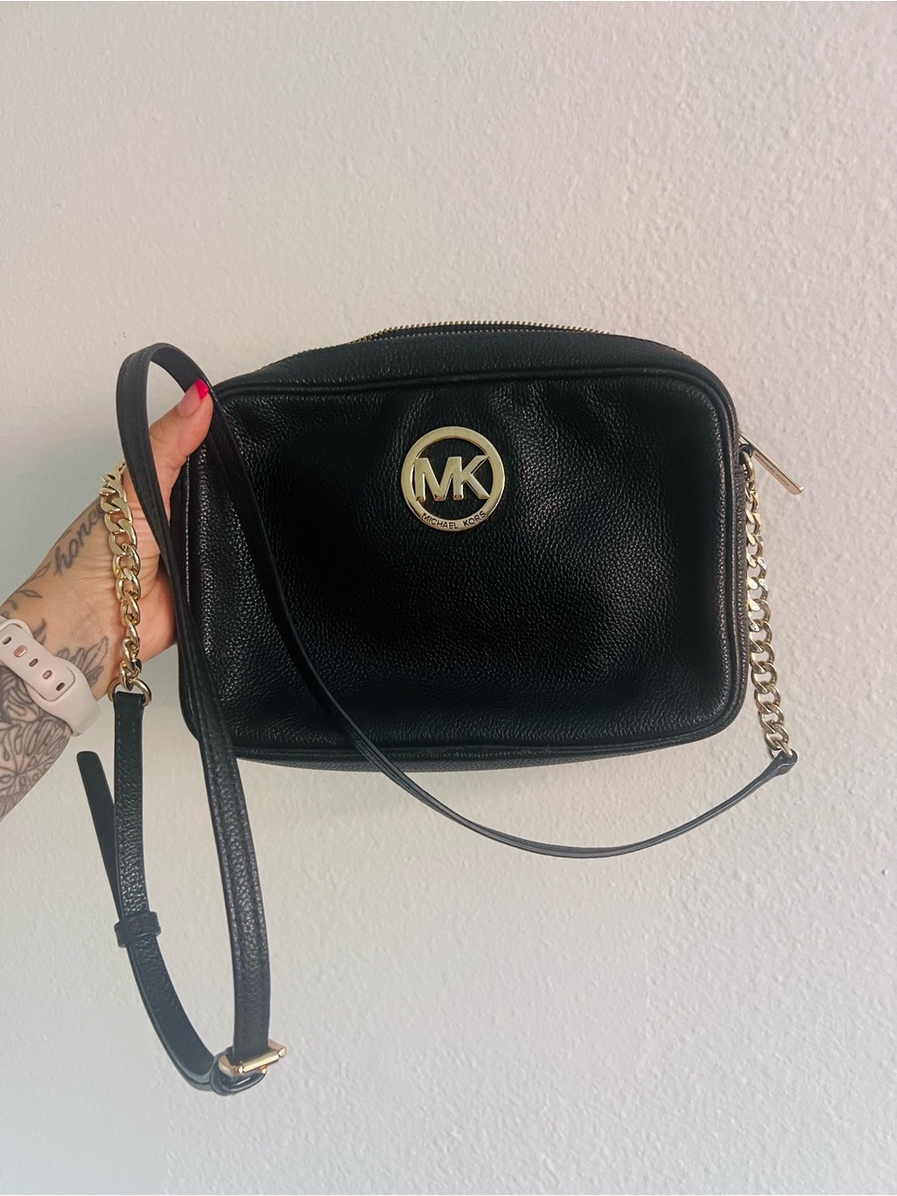 Michael Kors Black Leather Crossbody with Gold Logo